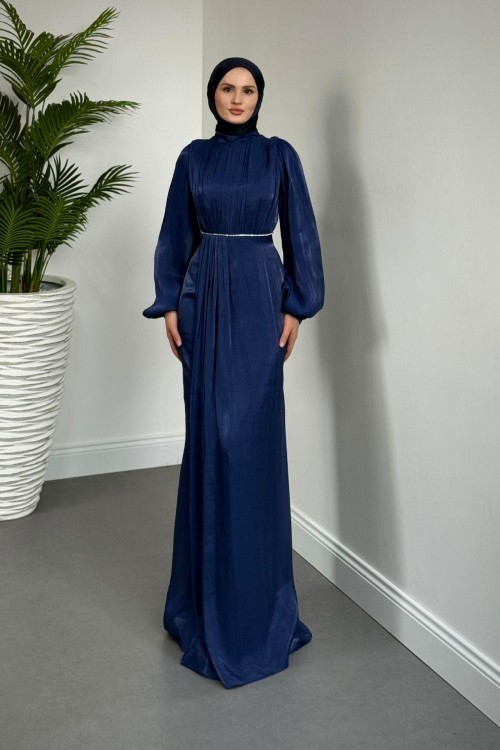Shay Beli Ve Kolu Baget Taşlı Abiye Janjan  Abiye Lacivert
