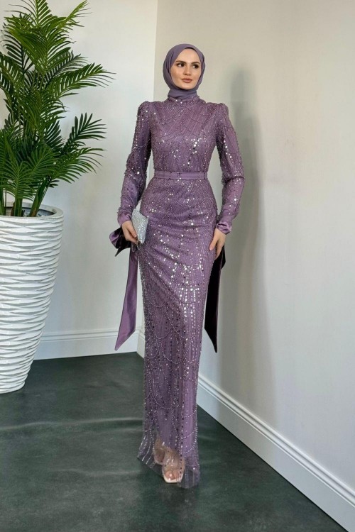 Sheldon Kolları Bağcıklı Pul Payet İşleme Abiye Lila