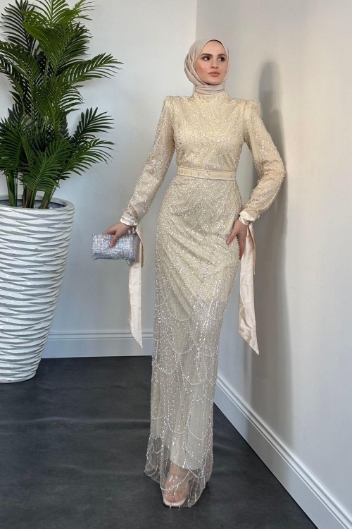 Sheldon Kolları Bağcıklı Pul Payet İşleme Abiye Krem