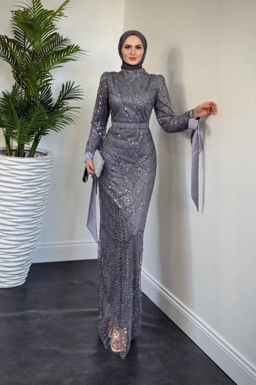 Sheldon Kolları Bağcıklı Pul Payet İşleme Abiye Gri