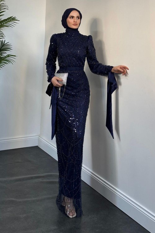 Sheldon Kolları Bağcıklı Pul Payet İşleme Abiye Lacivert(kemersiz)