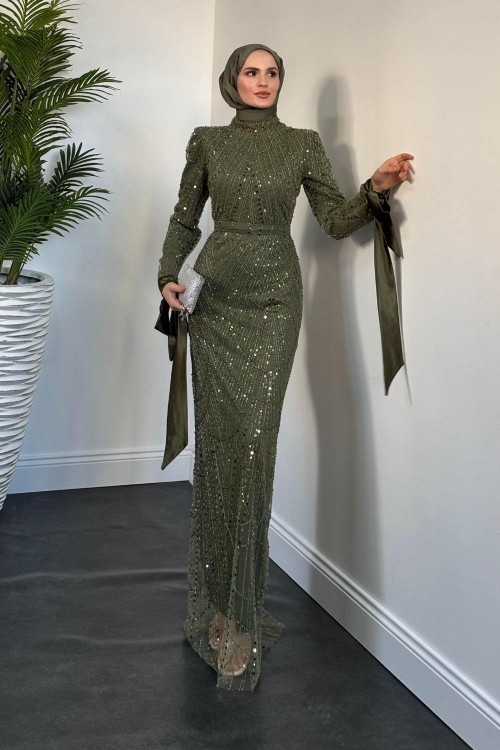 Sheldon Kolları Bağcıklı Pul Payet İşleme Abiye Haki