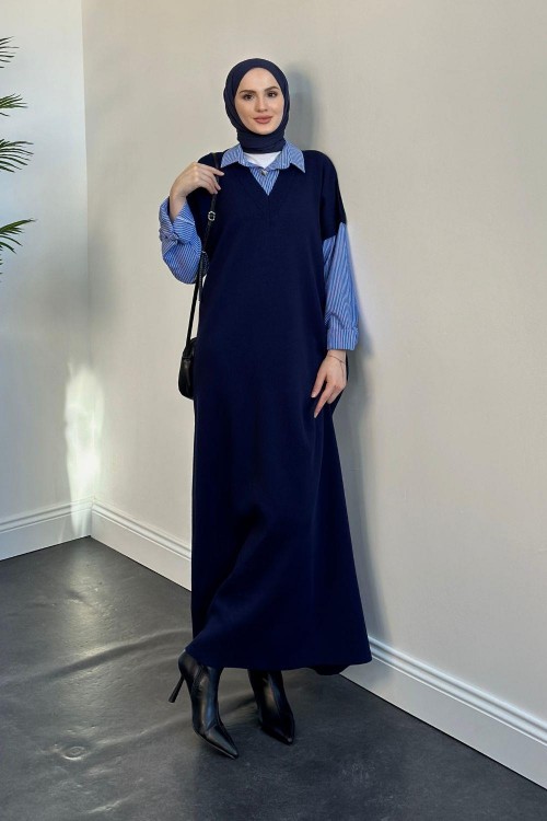 Sidney Gömlekli Triko Elbise Lacivert