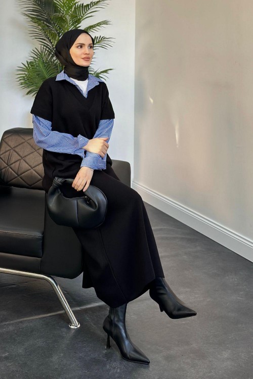 Sidney Gömlekli Triko Elbise Siyah