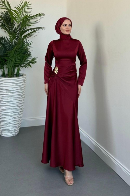 Siena Yandan Bağlamalı Saten Abiye Bordo(TOKASIZDIR)
