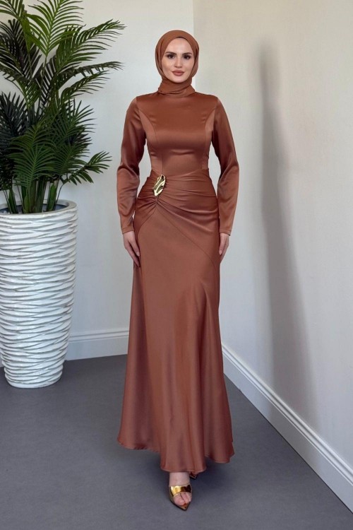 Siena Yandan Bağlamalı Saten Abiye Cappucino(TOKASIZDIR)