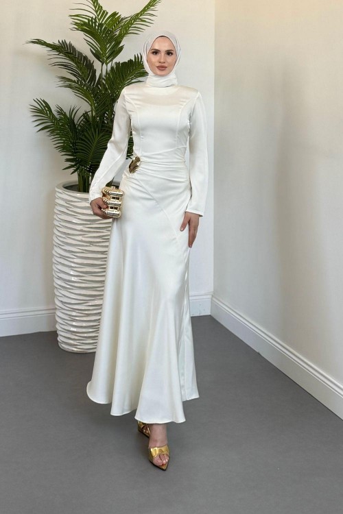 Siena Yandan Bağlamalı Saten Abiye Ekru(TOKASIZDIR)