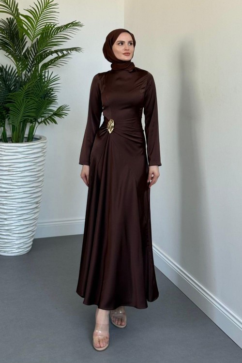 Siena Yandan Bağlamalı Saten Abiye Kahvereng(TOKASIZIDR)