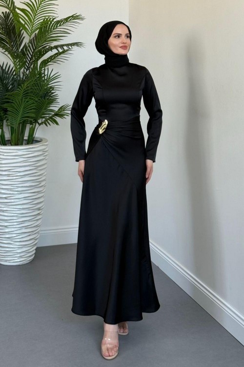 Siena Yandan Bağlamalı Saten Abiye Siyah(TOKASIZDIR)