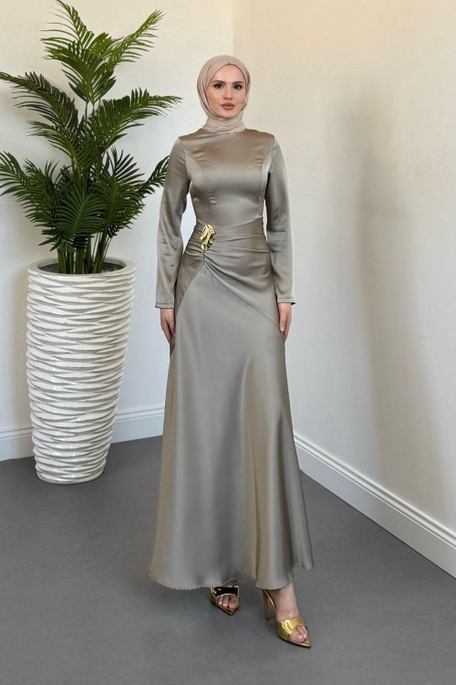 Siena Yandan Bağlamalı Saten Abiye Vizon(TOKASIZDIR)