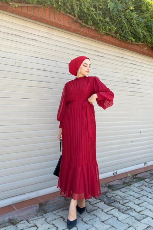 Sık Pileli Balon Kol Elbise Bordo
