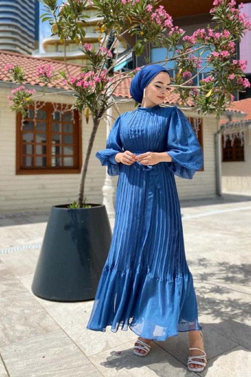 Sık Pileli Balon Kol Elbise İndigo