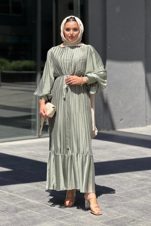 Sık Pileli Balon Kol Elbise Mint