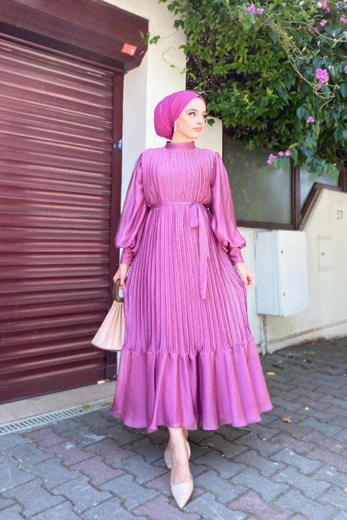 Sık Pileli Balon Kol Elbise Pembe