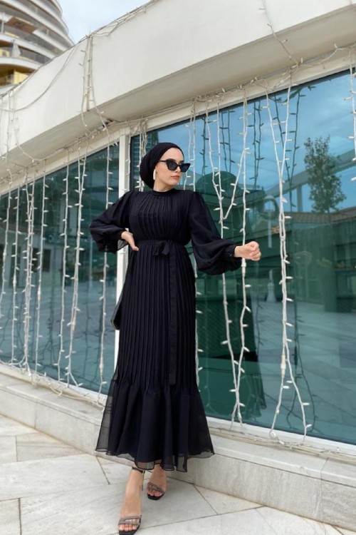 Sık Pileli Balon Kol Elbise Siyah