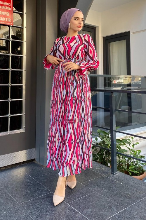 Sık Pileli Desenli Elbise Pembe