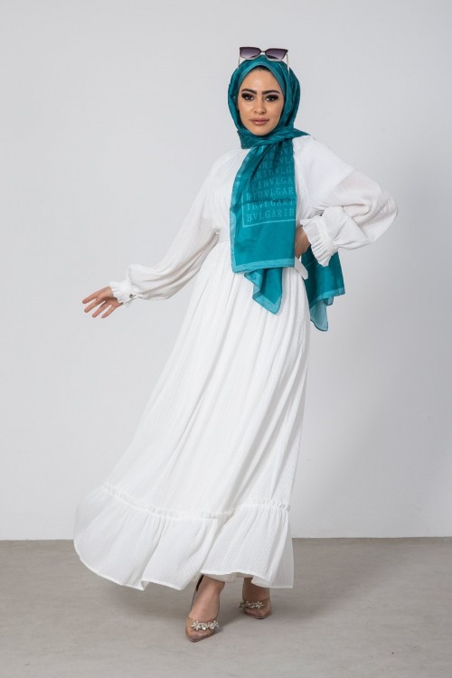 Sık Pileli Kemerli Elbise Beyaz