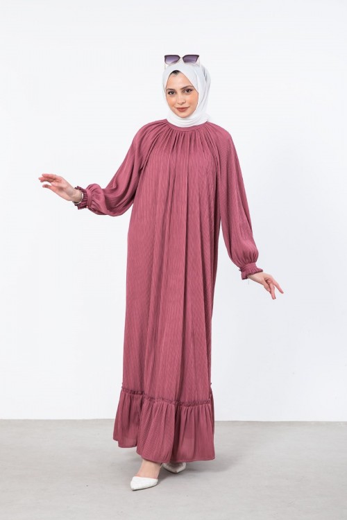 Sık Pileli Kemerli Elbise Gül Kurusu