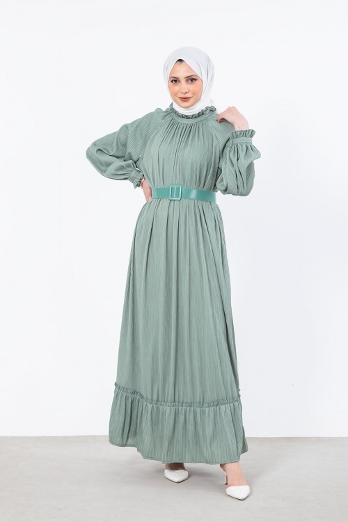 Sık Pileli Kemerli Elbise Mint