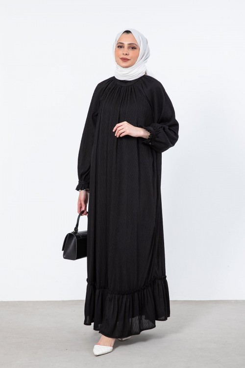 Sık Pileli Kemerli Elbise Siyah