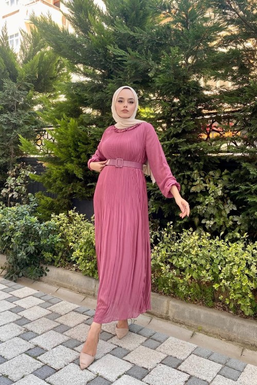 Sık Piliseli Şifon Elbise Gül