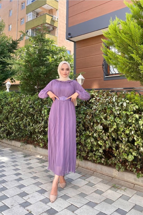 Sık Piliseli Şifon Elbise Lila