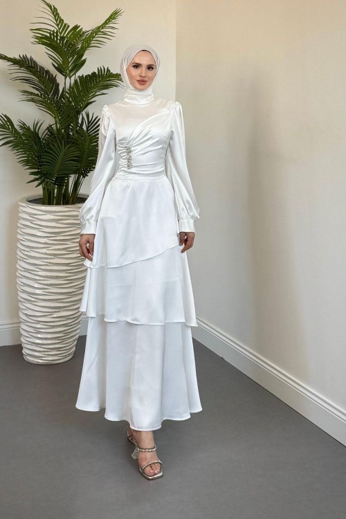 Simera Taşlı Kat Kat Abiye Beyaz