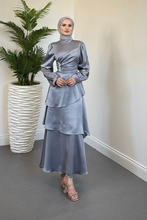 Simera Taşlı Kat Kat Abiye Gri