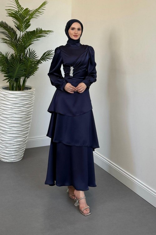 Simera Taşlı Kat Kat Abiye Lacivert