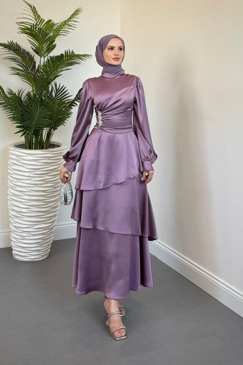 Simera Taşlı Kat Kat Abiye Lila