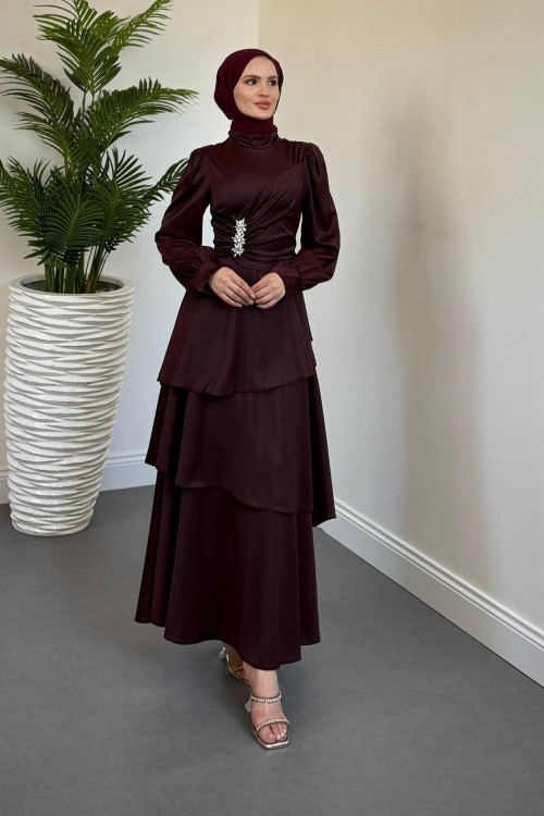 Simera Taşlı Kat Kat Abiye Mürdüm