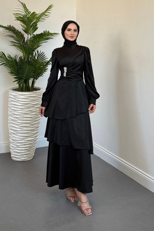 Simera Taşlı Kat Kat Abiye Siyah