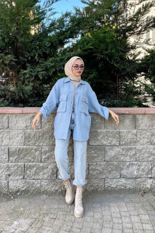 Simli Düğmeli Ceket Mavi