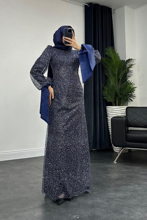 Simli Puantiyeli Abiye Lacivert