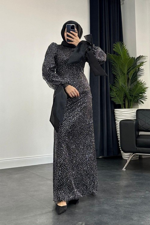 Simli Puantiyeli Abiye Siyah