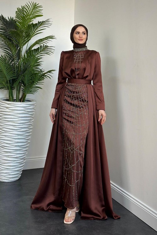 Sindirella Pelerin Detay Abiye Kahverengi