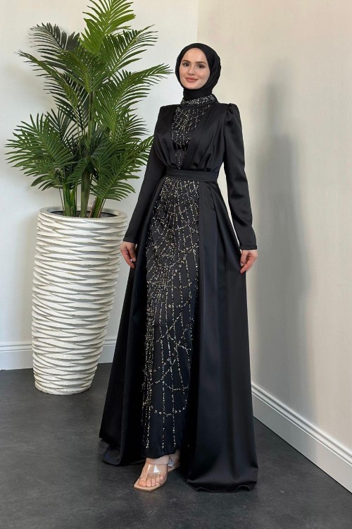 Sindirella Pelerin Detay Abiye Siyah