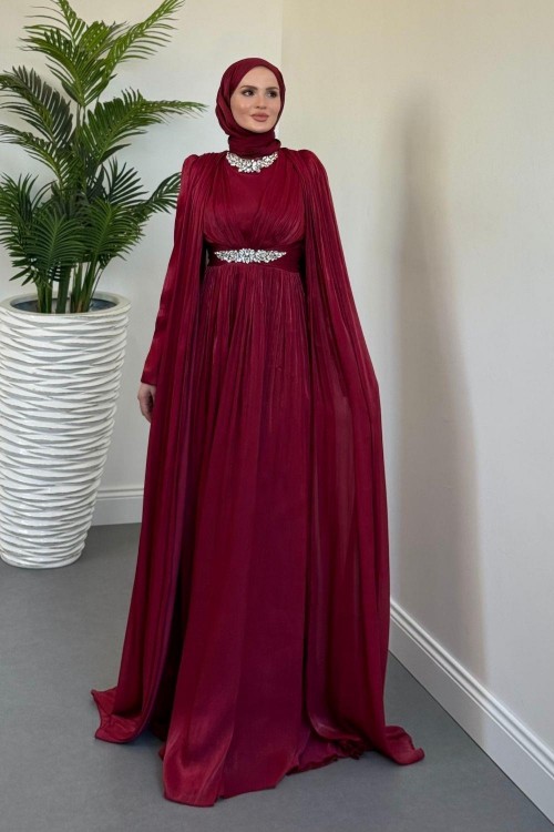 Solea Kolları Pelerinli Taşlı Abiye Bordo