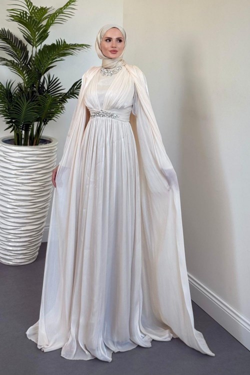 Solea Kolları Pelerinli Taşlı Abiye Krem