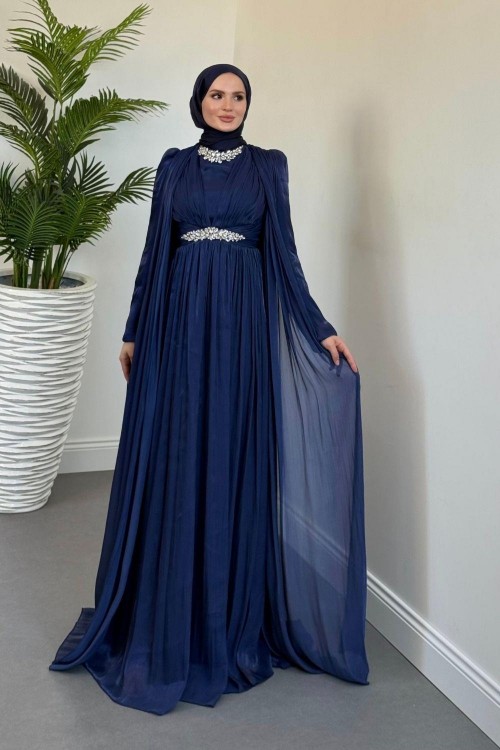 Solea Kolları Pelerinli Taşlı Abiye Lacivert