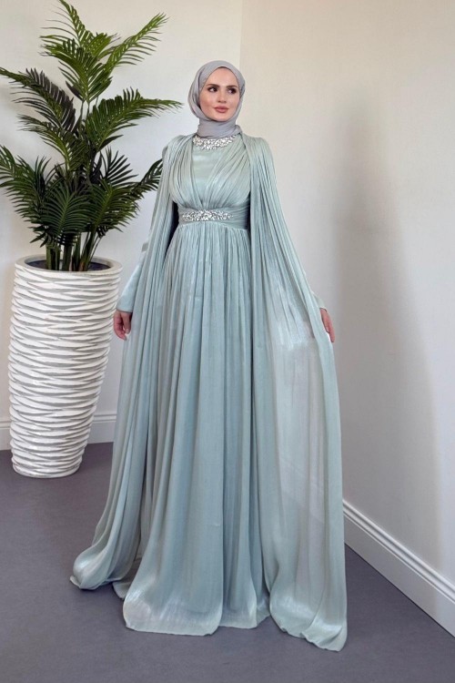 Solea Kolları Pelerinli Taşlı Abiye Mint