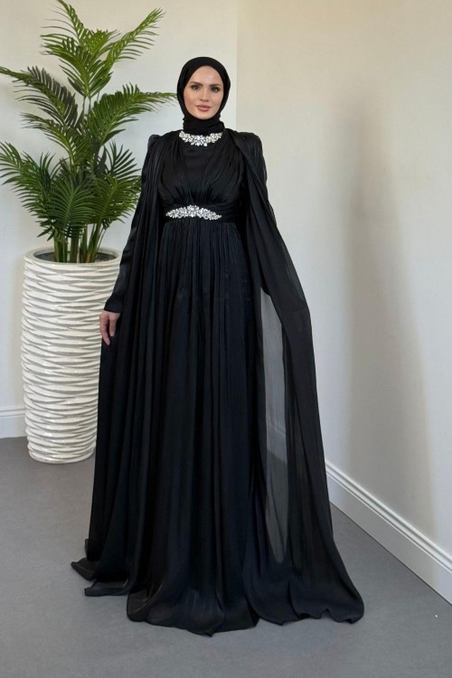 Solea Kolları Pelerinli Taşlı Abiye Siyah