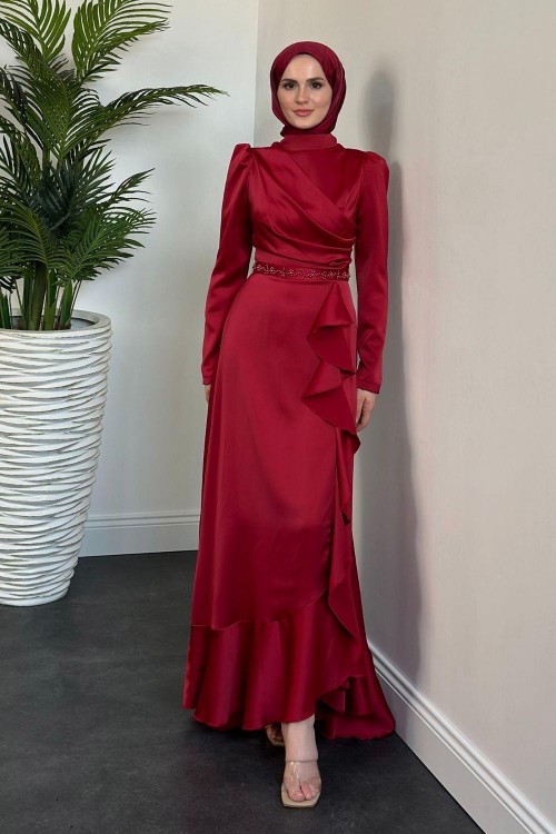 Sonya Boncuk İşleme Saten Abiye Bordo