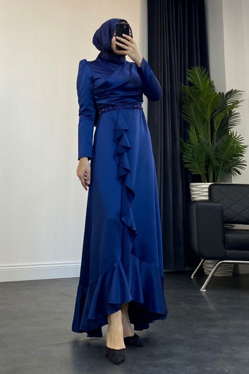 Sonya Boncuk İşleme Saten Abiye Lacivert