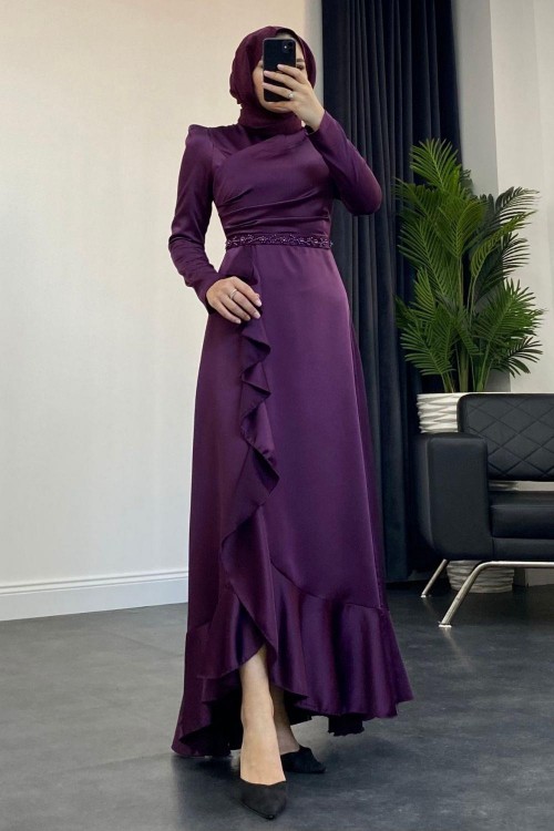 Sonya Boncuk İşleme Saten Abiye Mürdüm