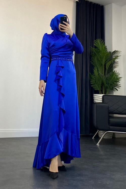 Sonya Boncuk İşleme Saten Abiye Saks