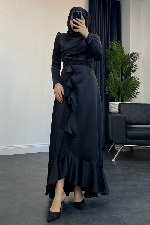 Sonya Boncuk İşleme Saten Abiye Siyah