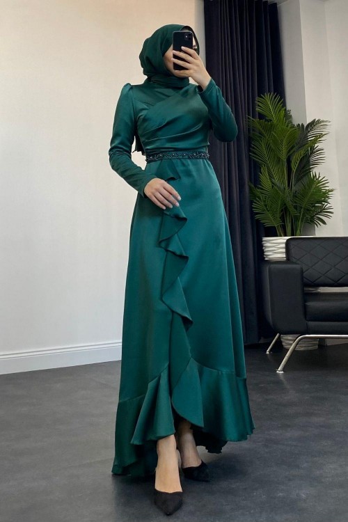 Sonya Boncuk İşleme Saten Abiye Zümrüt