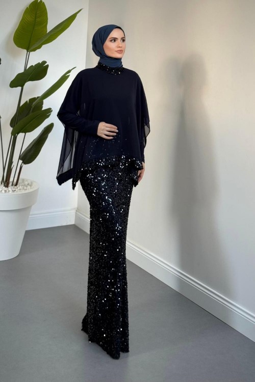 Sorella Pelerinli Altı Payet Abiye Lacivert