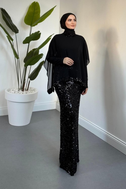 Sorella Pelerinli Altı Payet Abiye Siyah